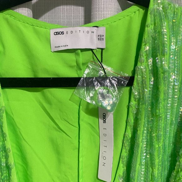 ASOS EDITION crystal sequin wrap midi dress with blouson sleeve in lime green - Picture 2 of 4
